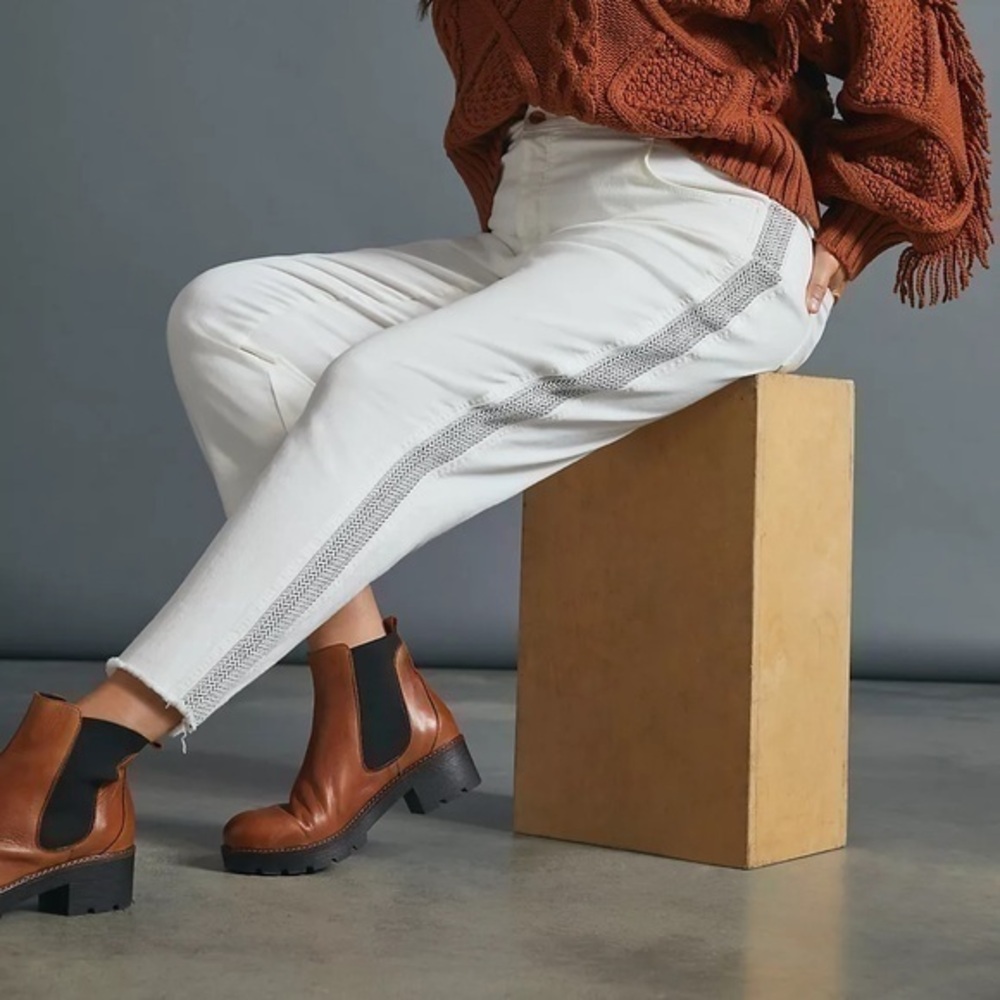 Pilcro & the letterpress white slim straight side stripe buckle jeans